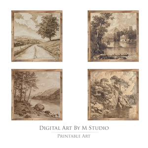 Neutral Landscape Sketch Prints - Set of Four Square Wall Art, Home Decor, Antique, Vintage Prints - GA27 - Digital Download