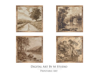 Neutral Landscape Sketch Prints - Set of Four Square Wall Art, Home Decor, Antique, Vintage Prints - GA27 - Digital Download