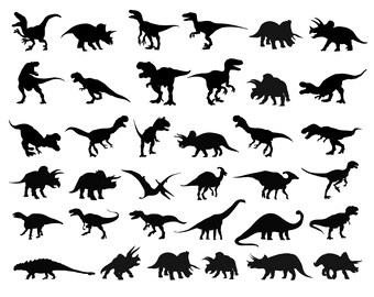 Puede incluir: Una colección de siluetas negras de dinosaurios sobre un fondo blanco. Se representan varias especies, incluyendo Tyrannosaurus Rex, Triceratops y Pterodáctilos. La imagen es un diseño simple y de alto contraste, adecuado para diversas aplicaciones.