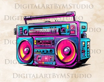May include: A vintage-style boombox with a bright pink, blue, and yellow color scheme. The boombox has a cassette player, a radio tuner, and two large speakers.