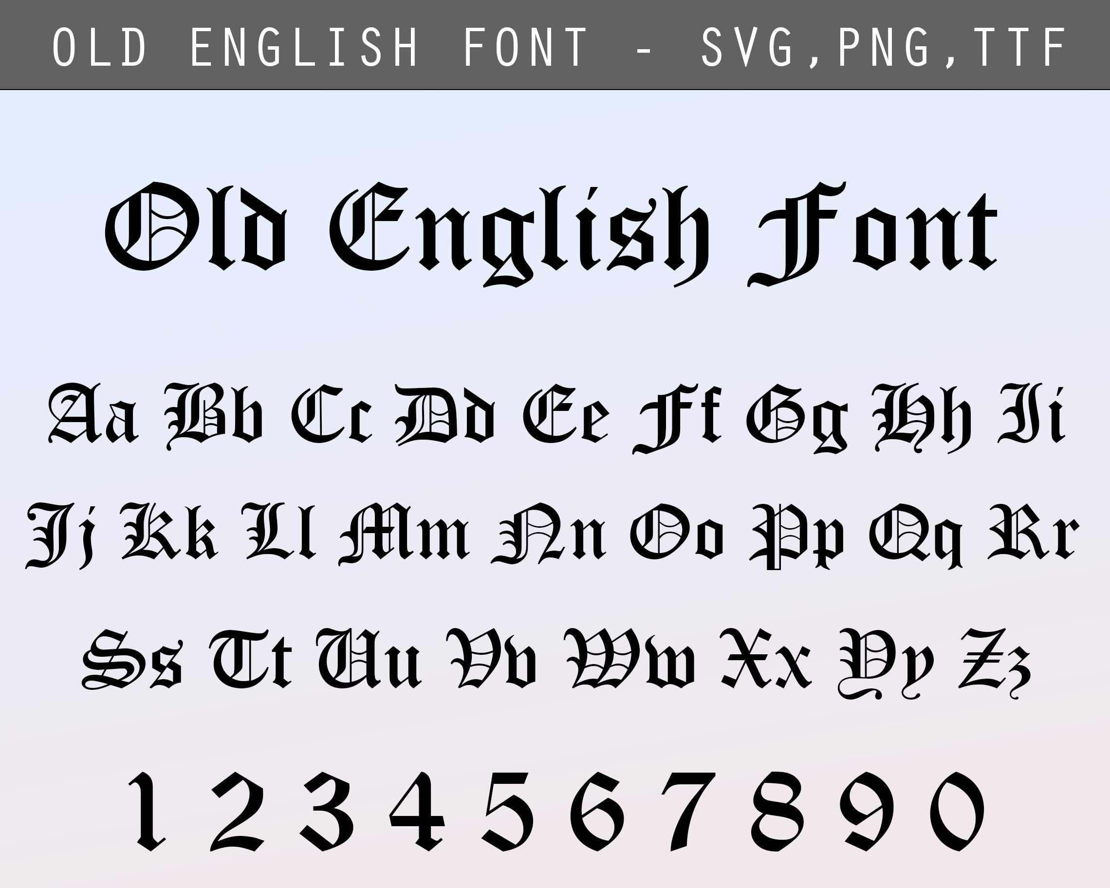 2 つの Old English フォント SVG、TTF、Png、文字と数字