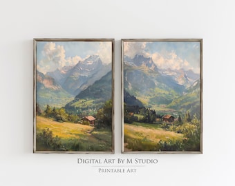 Rustic Mountain Landscape Paintings, Switzerland Mountains Painting - Set of Two Mountain Prints Set - GA15 - Printable Digital Download