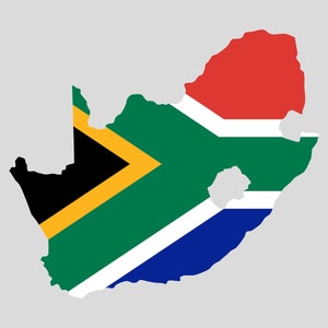 May include: An outline of the country of South Africa filled in with the colours of the South African flag. The flag is red, white, blue, green, yellow, and black.