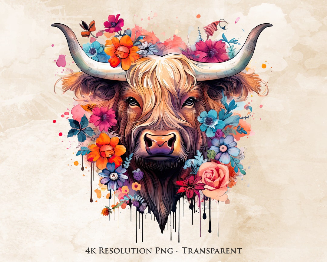 Highland Cow Watercolor PNG - Highland Cow Clipart, Cow With Flowers ...