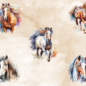 Pode incluir: Uma pintura de aquarela de quatro cavalos correndo. Os cavalos s&atilde;o de diferentes cores, incluindo marrom, branco e preto. O fundo &eacute; de cor marrom claro com lavagens de aquarela.