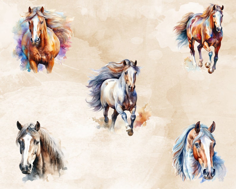 Pode incluir: Uma pintura de aquarela de quatro cavalos correndo. Os cavalos s&atilde;o de diferentes cores, incluindo marrom, branco e preto. O fundo &eacute; de cor marrom claro com lavagens de aquarela.