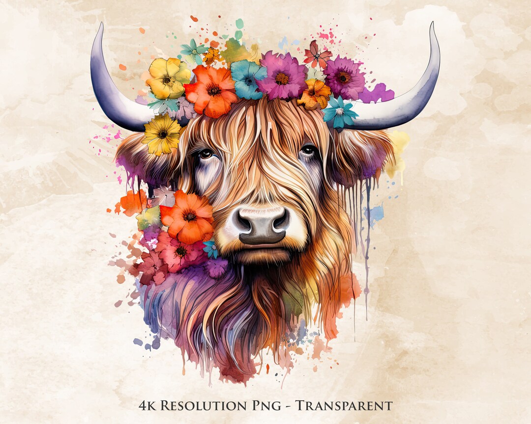 Highland Cow Watercolor PNG - Highland Cow Clipart, Cow With Flowers ...