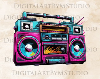 May include: A vintage-style boombox with a pink and blue color scheme. The boombox has a cassette player, a radio tuner, and two large speakers. The boombox is a popular symbol of the 1980s and 1990s.