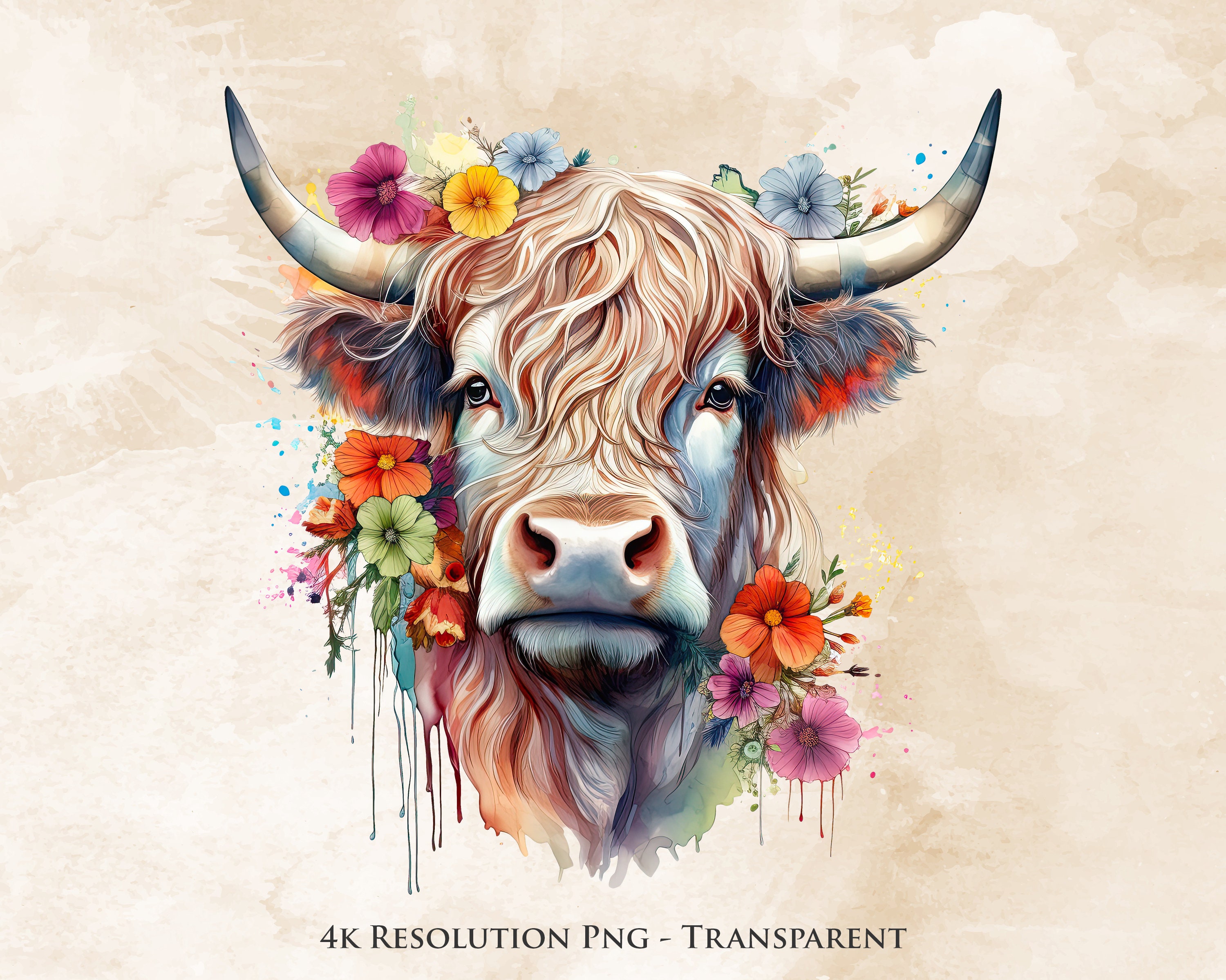 Highland Cow Watercolor PNG - Highland Cow Clipart, Cow With Flowers ...