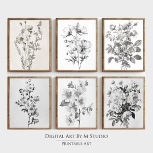 Art mural vintage de la galerie botanique, imprimable - tirages de dessin de fleurs neutres, lot de 6 - GA12 - imprimable en téléchargement numérique