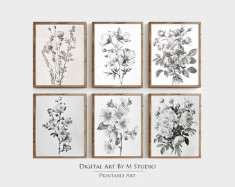 Vintage Botanical Gallery Wall Art Printable - Neutral Flower Drawing Prints, Set of 6 - GA12 - Printable Digital Download
