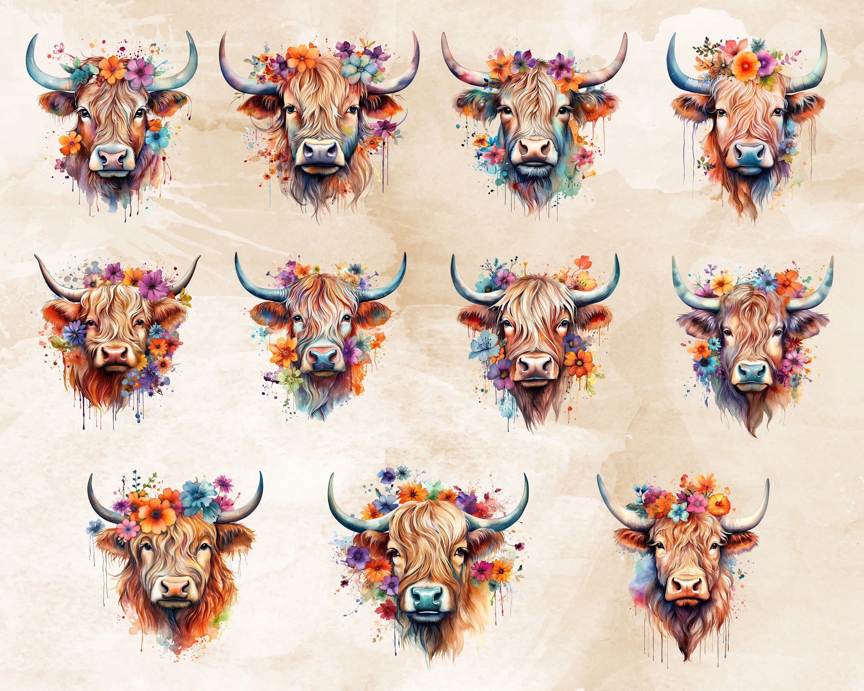 45 Highland Cows Watercolor PNG Bundle - Highland Cow Clipart, Cow With ...