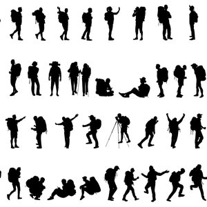 Può includere: Silhouettes di persone con zaini e attrezzatura da escursionismo. Alcune portano bastoni da trekking, mentre altre scattano foto o sono sedute. L'immagine rappresenta una varietà di attività di escursionismo.