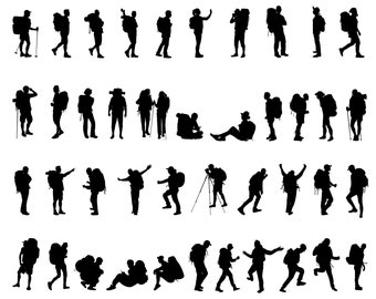 Vandring SVG-paket - vandrare silhuett Svg, Png, backpackers Svg, klippfiler för Cricut, utomhus Svg, äventyr Svg, camping Svg, husbil Svg