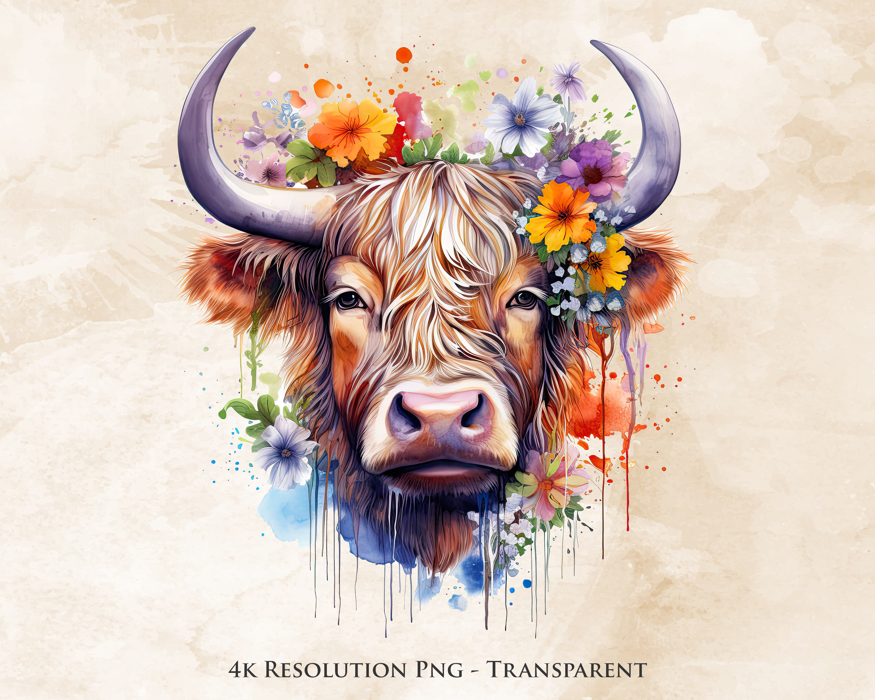 Highland Cow Watercolor PNG - Highland Cow Clipart, Cow With Flowers ...