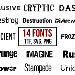 14 種類のディストレスト フォント バンドル TTF、SVG、Png、ディストレスト フォント、文字と数字、Cricut フォント、Canva フォント、エロード フォント、グランジ フォント