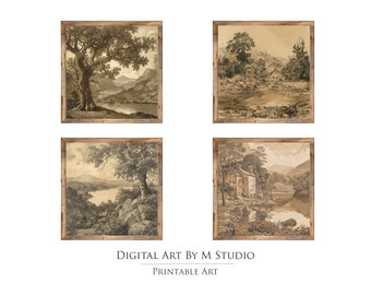 Antique Neutral Landscape Sketch Prints - Set of Four Square Wall Art, Home Decor, Vintage Prints - Set of GA28 - Digital Download