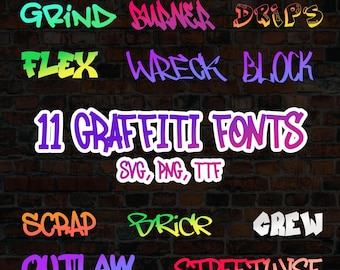 11 Graffiti Fonts, Urban Font - Font Bundle #2 SVG, PNG, TTF - Alphabet Letters & Numbers Cricut Fonts - Digital Download