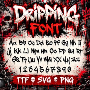 May include: A digital graphic featuring the text DRIPPING FONT in large white letters with red drips. Below, the full alphabet in uppercase and lowercase, numbers 0-9, and the text TTF SVG PNG are displayed in a black, dripping, graffiti-style font.