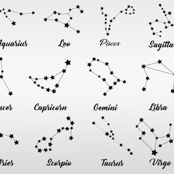Ensemble Constellation SVG, Constellations du zodiaque Svg, Png, Svg horoscope, fichier de coupe pour Cricut, Silhouette, camée, vecteur, sticker