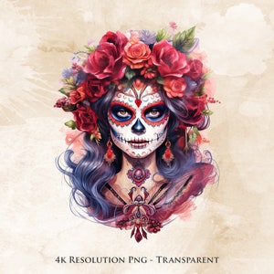 Calavera Catrina Aquarell PNG - Dia De Los Muertos Sublimation, mexikanisches Halloween, Sugar Skull, transparent, druckbar