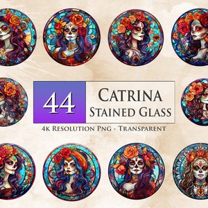 Könnte beinhalten: Satz mit 8 bunten runden Aufklebern aus Buntglas mit einer Catrina vom Tag der Toten mit floralen Akzenten. Die Aufkleber sind 4K-Auflösung PNG-Dateien mit transparenten Hintergründen.