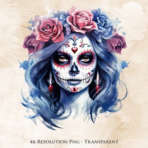 Calavera Catrina Acuarela PNG - Sublimación Dia De Los Muertos, Halloween Mexicano, Calavera De Azúcar, Transparente, Imprimible