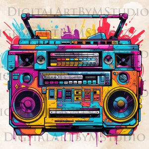 Boombox PNG, jaren '80 clipart, hiphop, Boom Box clipart, retro PNG, Boombox, Boombox kunst, retro illustraties, sublimatie-digitale download