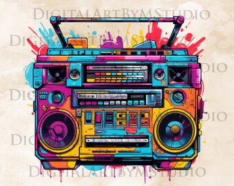 May include: A colorful boombox with a cassette player, radio tuner, and two speakers. The boombox is decorated with splashes of paint in various colors, including red, blue, yellow, and green.
