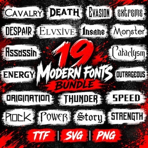 Puede incluir: Un gráfico digital que muestra un paquete de 19 fuentes modernas con ejemplos de texto que incluyen Cavalry, Death, Evasion, Extreme, Despair, Elvsive, Insane, Monster, Assassin, Cataclysm, Energy, Outrageous, Origination, Thunder, Speed, Rock, Power, Story, Strength.