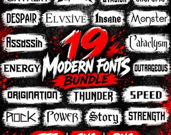 May include: A digital graphic displaying a 19 modern fonts bundle with text samples including Cavalry, Death, Evasion, Extreme, Despair, Elvsive, Insane, Monster, Assassin, Cataclysm, Energy, Outrageous, Origination, Thunder, Speed, Rock, Power, Story, Strength.