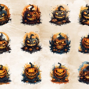 Puede incluir: Doce ilustraciones digitales de calabazas de Halloween con caras espeluznantes. Cada calabaza est&aacute; rodeada de un fondo oscuro y arremolinado con una luna y &aacute;rboles. Las calabazas son de color naranja y negro con ojos y dientes brillantes.