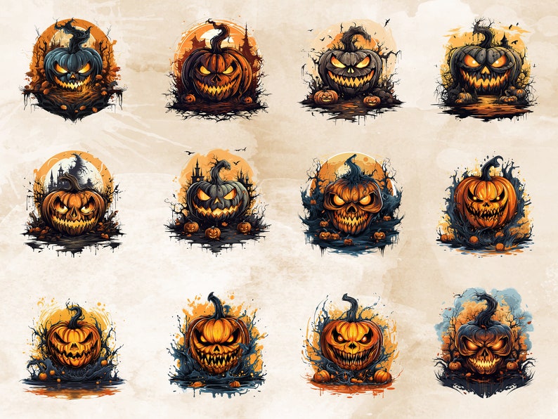 Puede incluir: Doce ilustraciones digitales de calabazas de Halloween con caras espeluznantes. Cada calabaza est&aacute; rodeada de un fondo oscuro y arremolinado con una luna y &aacute;rboles. Las calabazas son de color naranja y negro con ojos y dientes brillantes.