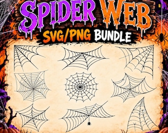 May include: A digital graphic collection featuring the text SPIDER WEB SVG/PNG BUNDLE in purple and orange, displayed above nine distinct black line art illustrations of spider webs on a light parchment-colored background with Halloween motifs.