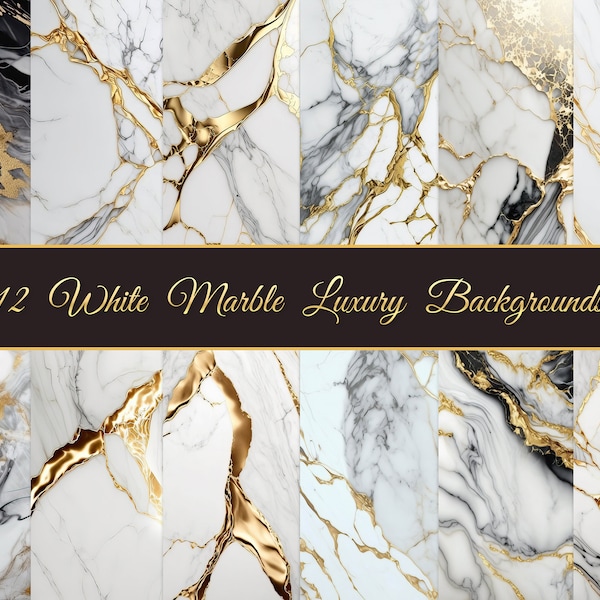 12 White Marble Luxury Backgrounds - White and Gold Marble Texture, Gold Texture, Digital Paper, Scrapbook Paper Texture - Digital Download