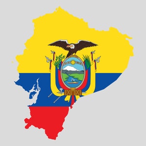 Puede incluir: Un mapa de Ecuador en amarillo, azul y rojo con el escudo de armas del país en el centro. El escudo de armas presenta un cóndor, una montaña y un río.