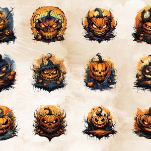 Puede incluir: Doce ilustraciones digitales de calabazas de Halloween con caras espeluznantes. Cada calabaza est&aacute; rodeada de un fondo oscuro y arremolinado con una luna y otras im&aacute;genes de Halloween.