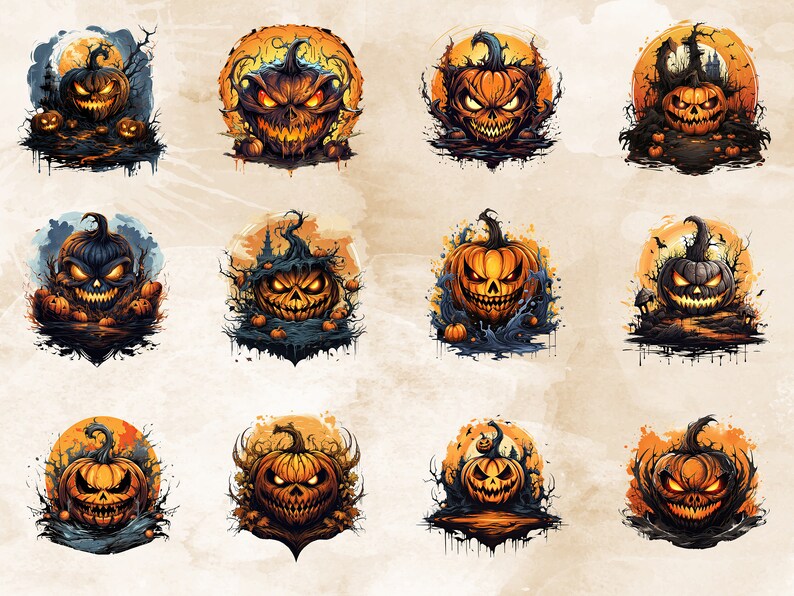 Puede incluir: Doce ilustraciones digitales de calabazas de Halloween con caras espeluznantes. Cada calabaza est&aacute; rodeada de un fondo oscuro y arremolinado con una luna y otras im&aacute;genes de Halloween.