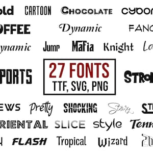 27 Várias fontes BUNDLE TTF, SVG, Png, letras e números, várias fontes, fontes Cricut, fontes Canva, fonte Script, fonte Wizard, fonte de filme