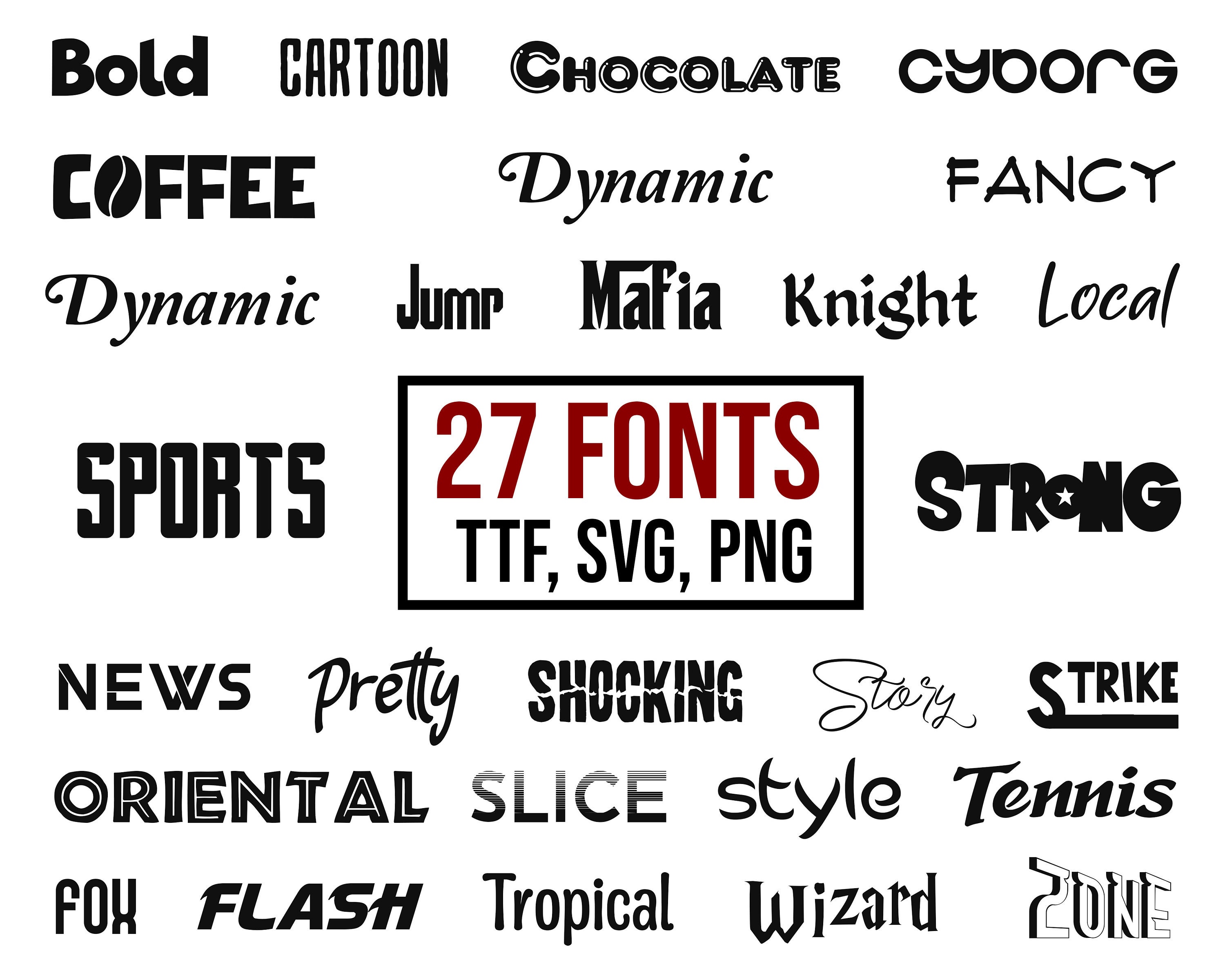 27 Various Fonts BUNDLE TTF, SVG, Png, Letters and Numbers