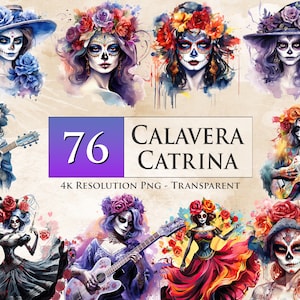 76 Calavera Catrina Watercolor PNG Bundle - Dia De Los Muertos Sublimação, Halloween mexicano, caveiras de açúcar, transparente, para impressão
