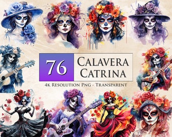 76 Calavera Catrina Watercolor PNG Bundle - Dia De Los Muertos Sublimação, Halloween mexicano, caveiras de açúcar, transparente, para impressão