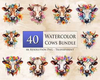 40 Watercolor Cows PNG Bundle - Cow Clipart, Cow with Flowers, Floral, Sublimation, Transparent - Instant, Digital Download