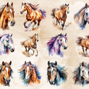 Pode incluir: Uma pintura digital de doze cavalos em v&aacute;rias poses e cores. Os cavalos s&atilde;o pintados em um estilo aquarela com um toque suave e de sonho. O fundo &eacute; de cor marrom claro com um aspecto texturizado.
