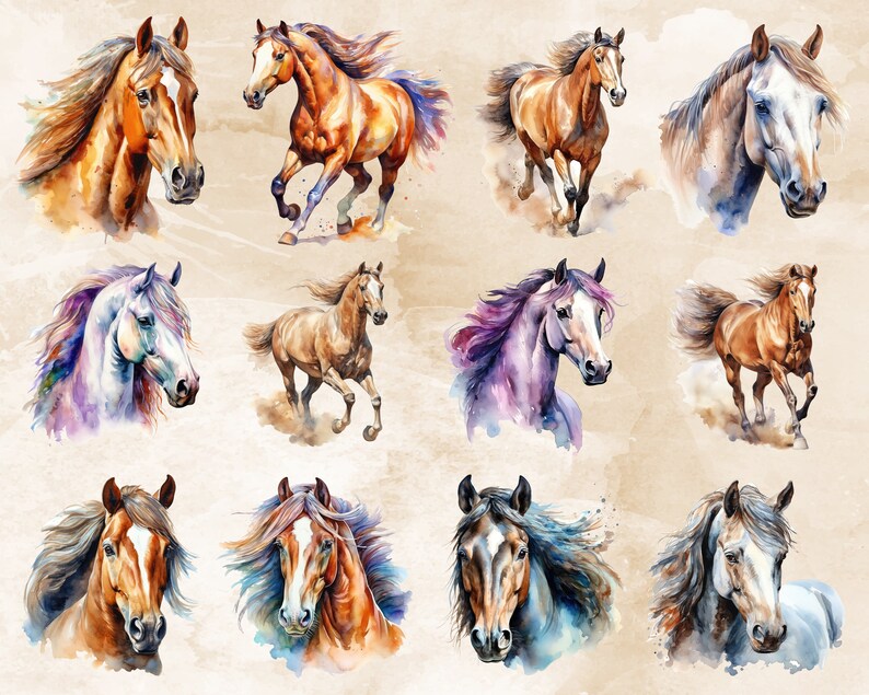 Pode incluir: Uma pintura digital de doze cavalos em v&aacute;rias poses e cores. Os cavalos s&atilde;o pintados em um estilo aquarela com um toque suave e de sonho. O fundo &eacute; de cor marrom claro com um aspecto texturizado.