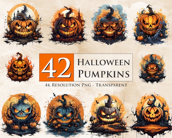 42 Halloween Pumpkins PNG Design Bundle - Spooky Pumpkin PNG, Sublimation Png, Transparent, T-Shirt Design, Printable - Digital Download