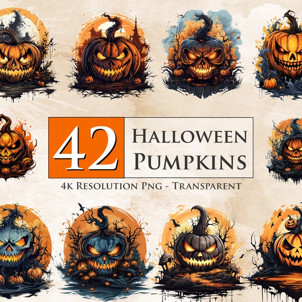 42 Halloween Pumpkins PNG Design Bundle - Spooky Pumpkin PNG, Sublimation Png, Transparent, T-Shirt Design, Printable - Digital Download