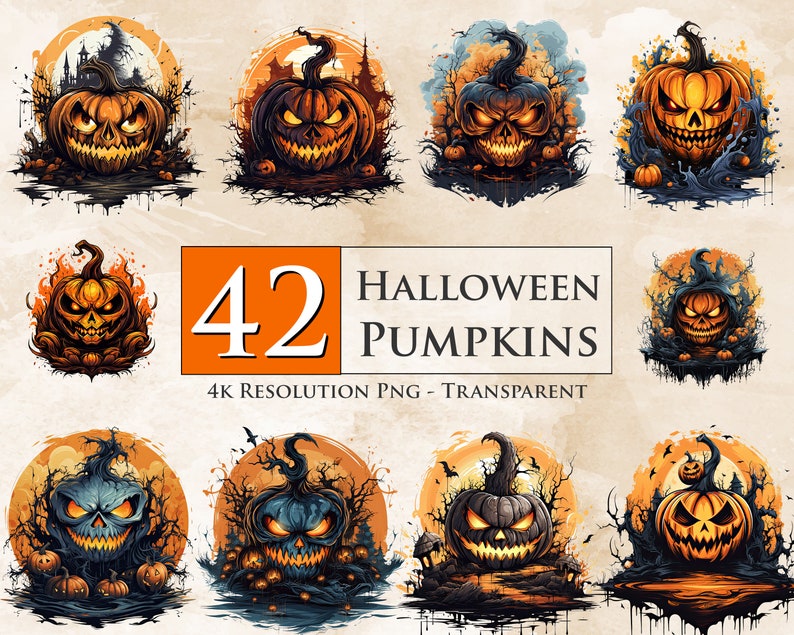 Puede incluir: 42 ilustraciones de calabazas de Halloween en descarga digital. Las calabazas son de color naranja y azul con caras de miedo y se colocan sobre una variedad de fondos, incluyendo un bosque, un cielo iluminado por la luna y un cementerio.