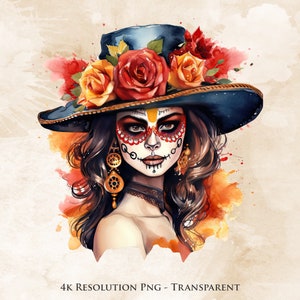 Calavera Catrina Aquarell PNG - Dia De Los Muertos Sublimation, mexikanisches Halloween, Sugar Skull, transparent, druckbar