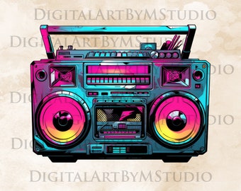 May include: A vintage-style boombox with a blue and pink color scheme. The boombox has a cassette player, a radio tuner, and two large speakers. The speakers have a yellow and pink design.